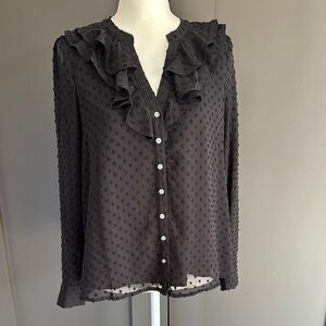 J. Crew Cliff Dot Swiss Dot Ruffle Button front Shirt Black Womens M